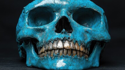 Obraz premium A blue skull with aged teeth, a close-up of macabre art on a black background