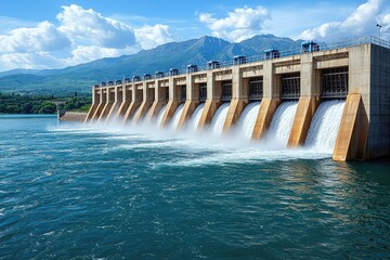 Dam releases water, mountains backdrop, under blue skies, generating hydroelectric power