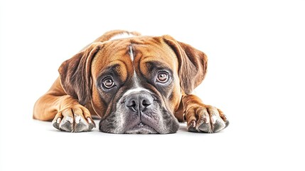 Obraz premium A forlorn dog lies on the floor, staring upward, isolated against a stark white background