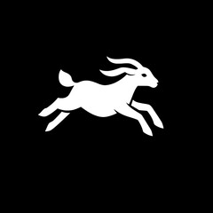 Minimalist logo design featuring a dynamic goat jumping against a black background in a contemporary style
