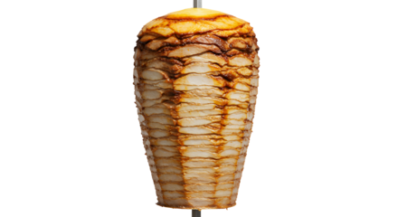 Deliciously roasted layered meat on a vertical spit with rich grilling texture
