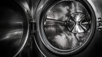 Interior view of a modern washing machine drum showcasing its metallic design and texture