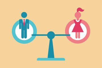 Gender equality, balance scale, male and female figures, minimalist design, blue and pink colors, symbolic representation, workplace diversity, equal rights concept, stylized human silhouettes,