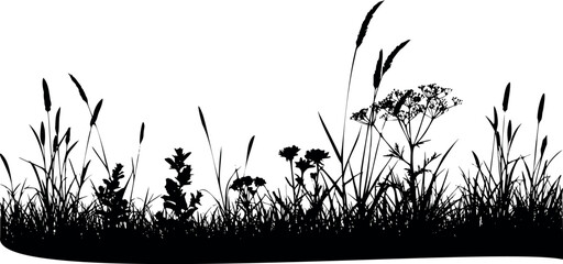 Black silhouette of nature elements on white background. Minimal landscape with trees, plants, birds, and mountains for design projects, tattoo inspiration, logos, and natural artistic compositions.