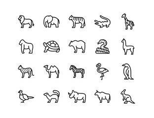 Zoo Animals Vector Icon Set   Adjustable Line Weight   Lion, elephant, giraffe, crocodile, penguin, zebra, wildlife, safari, exotic, jungle, wild animal, nature exploration icons © digistock