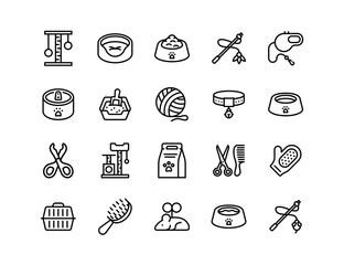 Cat Care Vector Icon Set | Adjustable Line Weight | Grooming, feeding bowl, pet accessories, litter box, cat toys, collar, scratching post, pet supplies, feline hygiene icons