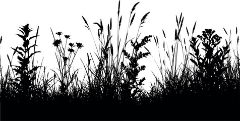 Black silhouette of nature elements on white background. Minimal landscape with trees, plants, birds, and mountains for design projects, tattoo inspiration, logos, and natural artistic compositions.