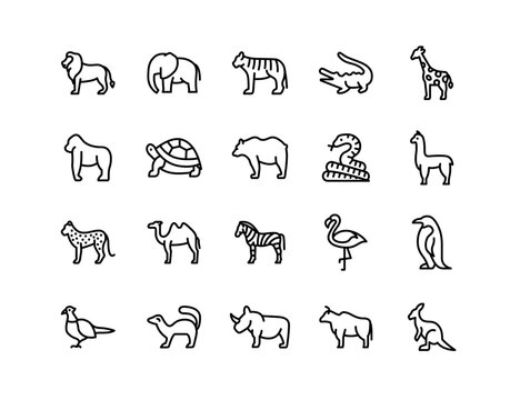 Zoo Animals Vector Icon Set | Adjustable Line Weight | Lion, elephant, giraffe, crocodile, penguin, zebra, wildlife, safari, exotic, jungle, wild animal, nature exploration icons