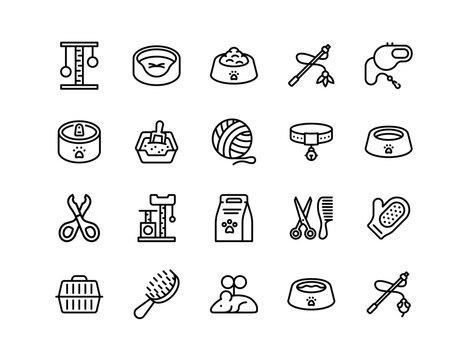 Cat Care Vector Icon Set | Adjustable Line Weight | Grooming, feeding bowl, pet accessories, litter box, cat toys, collar, scratching post, pet supplies, feline hygiene icons