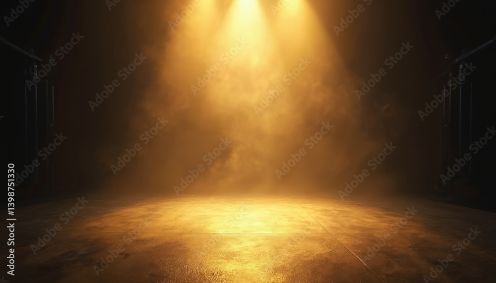 Poster empty stage with spotlight. golden beams illuminate scene creating dreamy atmosphere, perfect for pr