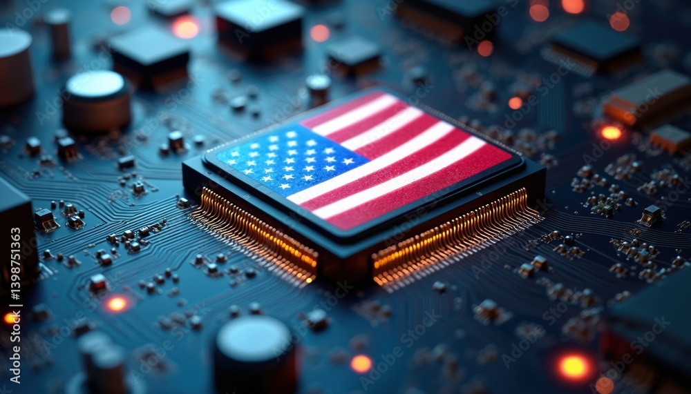 Aufkleber close-up of computer chip with usa flag, highlighing american tech advancements. microchip, circuit 