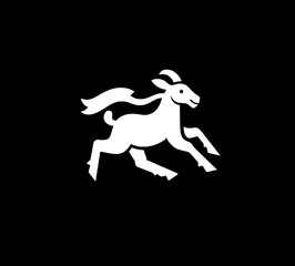 Minimalist icon of a running goat showcasing playful design elements in a stark black and white contrast ideal for branding purposes