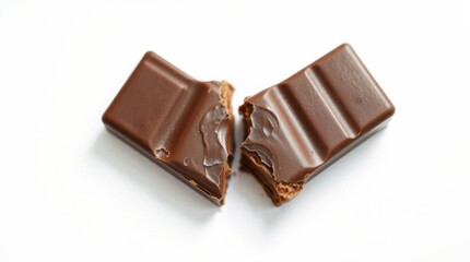 A milk chocolate bar snapped in two halves, isolated on a bright white surface, tempting indulgence.