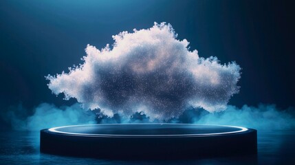 Glowing digital cloud symbolizes real-time data processing above a sleek platform