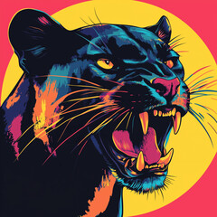 Vibrant pop-art illustration of a roaring panther with a bold yellow circle backdrop