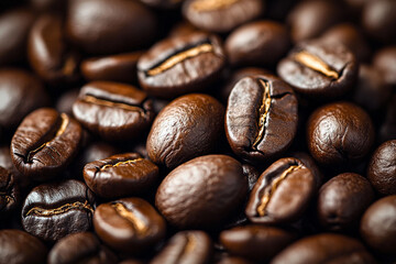 Naklejka premium Dark roasted coffee beans in close-up view