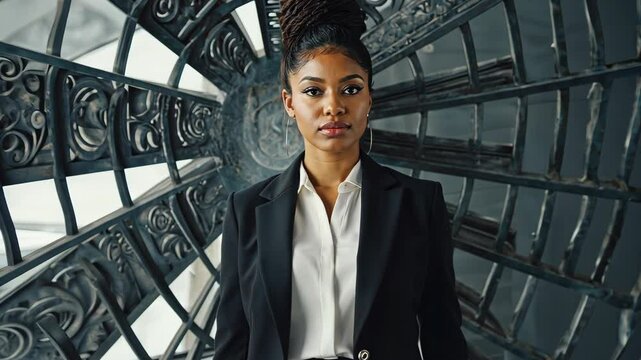 Confident African-American woman stands in modern stylish blazer against an abstract geometric metal structure art decor background