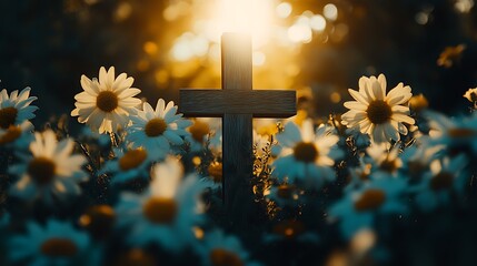 A wooden cross stands in a field of daisy flowers