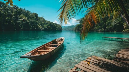 Obraz premium Tropical Lagoon Boat Serenity Wooden Rowboat in Calm Waters of excellence in splendor beyond compare