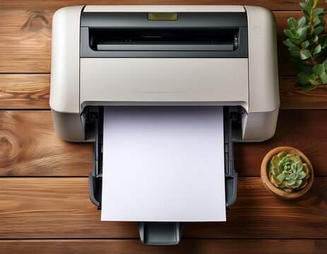 elegant top view of a printer with blank paper on wooden table for stock photography use