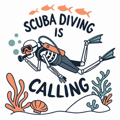 Humorous Scuba Diving Illustration Featuring Skeleton Diver And Colorful Underwater Scene