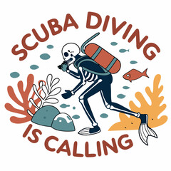 Scuba Diving Skeleton Underwater Adventure Ocean Is Calling Marine Life Illustration