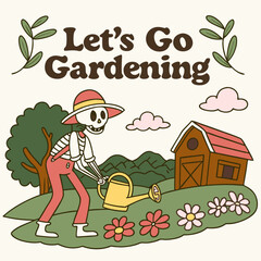 Retro Gardening Illustration Featuring Skeleton Watering Flowers In A Farm Landscape