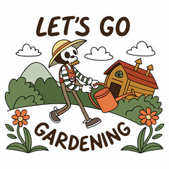 Funny Skeleton Gardener With Watering Can And Garden Shed Illustration
