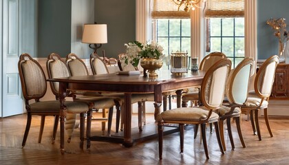 Fototapeta premium elegant vintage and antique solid wood dining tables and side tables arranged in a classic traditional living room or formal dining space interior design