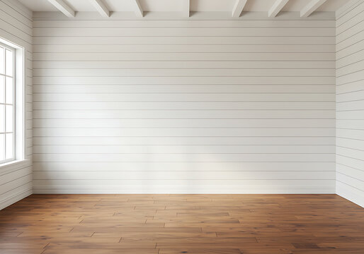 White shiplap wall interior design room with wood floor and window light