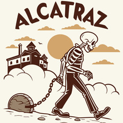 Alcatraz Illustration Of Walking Skeleton Prisoner With Ball And Chain