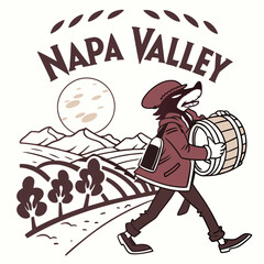 Napa Valley Badger With Wine Barrel Cartoon Illustration For Beverage Branding