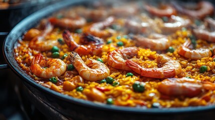 Vibrant seafood paella with shrimp and peas cooking in a large pan, steam rising, outdoor setting