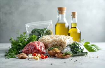 Set of food ingredients dinner home cooking on light background. Raw minced meat, rice, spinach, celery, dill, olive oil, sauces, spices and cheese. Meal kit for healthy tasty dish.