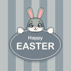 Cute Easter rabbit with a board for text. Easter bunny. Symbol of Easter. Vector children's illustration.