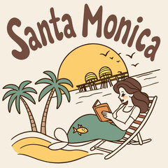 Santa Monica Beach Mermaid Reading A Book In Retro Illustration Style