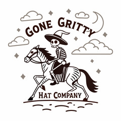 Skeleton Cowboy Rides Horse Gone Gritty Halloween Western Hat Company Vector Illustration