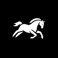 Minimalist black and white logo featuring a running horse icon with sleek and modern design elements