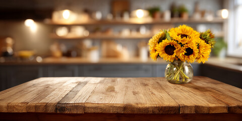 Rustic wooden table with sunflower bouquet in glass vase, blurred kitchen background, showcasing free space for text or product placement