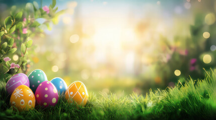 Sunny Easter Egg Hunt. Bright illustration of colorful Easter eggs hidden in lush green grass with a bokeh background.