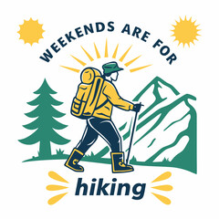 Weekend Adventure Hiker Exploring Mountains And Nature Landscape Illustration