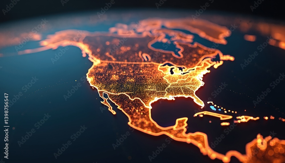 Leinwandbilder Digital rendering North America with glowing lines connecting cities, representing global connectivity. Lines of light highlight global network connection, cyberspace digital earth map.