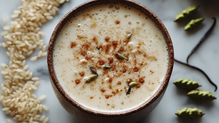 Rice milk infused with cardamom and vanilla on marble table with ingredients nearby