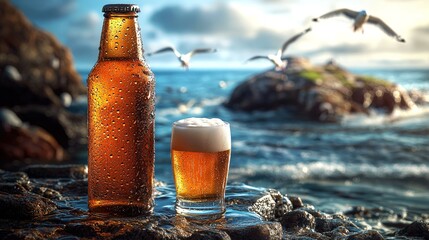 Refreshing chilled beer beside a pint glass with ocean backdrop and seagulls