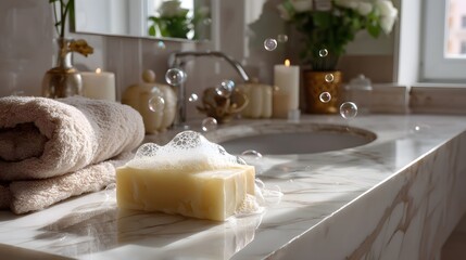 Close-up of a bar of soap on a marble countertop, with bubbles floating around it in a well-lit bathroom setting.