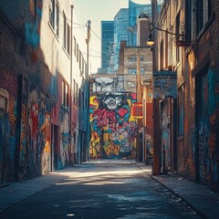 a narrow urban alley transformed by vibrant modern street art and minimalistic architectural details isolated on a plain background  a gritty alley with bold creative murals and clean urban textures 