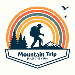 Mountain Trip Adventure Design With Hiker Silhouette And Retro Rainbow Background