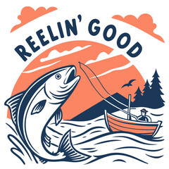 Reelin Good Fishing Illustration Featuring Jumping Fish And Man In A Boat