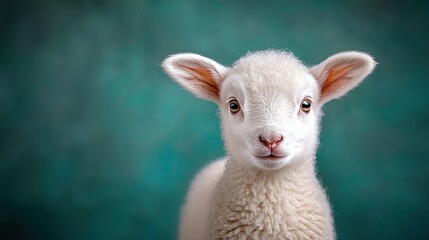 Obraz premium Adorable Lamb Portrait Against Teal Background