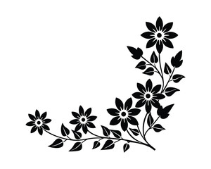 Nature Inspired Floral Corner Design, Monochrome Flower and Leaf Composition